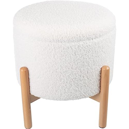 Lavish Home (White Ottoman-Round Sherpa Footrest or Storage Organizer with Removable Top for Living Room, Dorm, or Apartment, Small