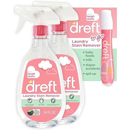 Dreft Stain Remover for Baby Clothes and Hypoallergenic Baby Stain Remover Spray Plus Travel Size Stain Treater Pen, 24 Fl Oz ( Pack of 2 + Stain Pen)