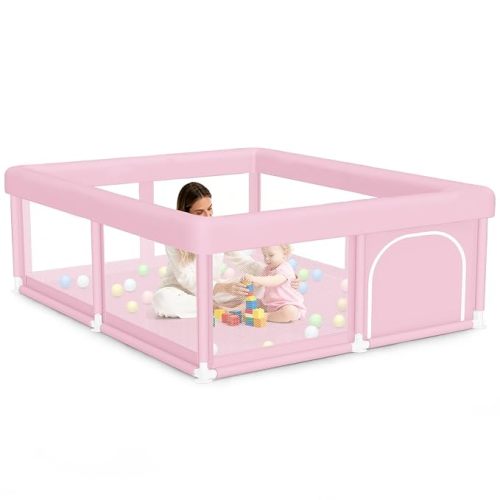 Large Baby Playpen 50"x50" Baby Girl Play Pen for Babies and Toddlers, Safe Structure and Soft, Skin-Friendly Fabric with Zipper Gates Pink