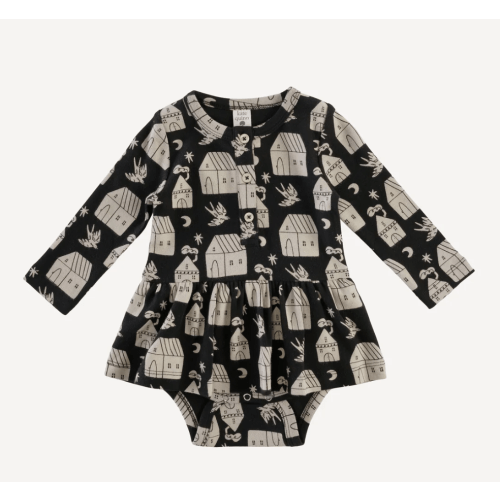 long sleeve henley skirted bodysuit | little houses | organic cotton interlock