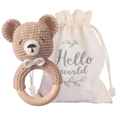 WOODEN TEETHER Baby Rattle, Shaker Toy,Crochet Baby Rattle, Crochet Baby Toys, Organic Wooden Newborn Toys, Newborn Animal Rattle Toys,Knitted Stuffed Animals Gifts for Baby, Kahki Bear