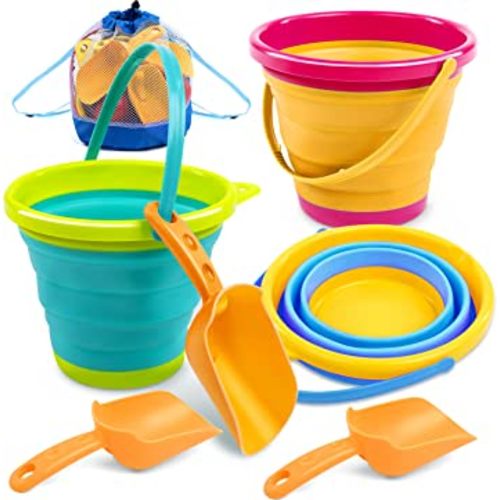 JOYIN 3 Packs Foldable Pail Bucket with Shovels & Mesh Bag, Collapsible Buckets Multi Purpose for Beach, Camping, Fishing, and Fun Summer Activities (Yellow/Blue/Green)