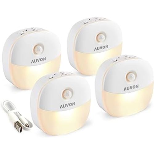 AUVON Rechargeable Mini Motion Sensor Night Light, 2nd Gen Warm White LED Stick-On Closet Light with Dusk to Dawn Sensor, Adjustable Brightness for Wall, Stairs, Cabinet, Hallway (4 Pack)