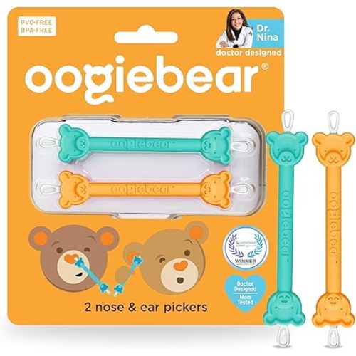 oogiebear: Baby Nose Cleaner & Ear Wax Removal Tool - Safe Booger & Earwax Removal for Newborns, Infants, Toddlers - Dual-Ended - Essential Baby Stuff, Diaper Bag Must-Have, Orange & Seafoam with case
