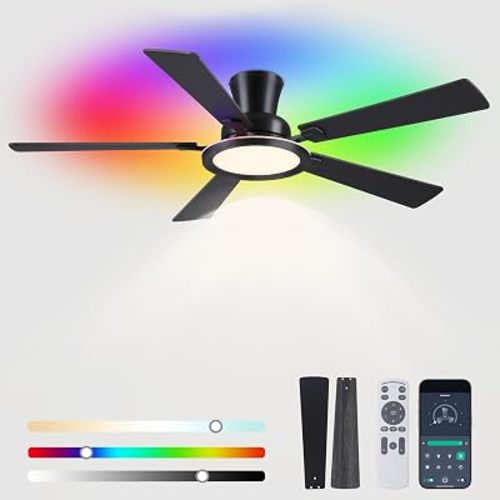 Ayaoty Ceiling Fans with Lights - 52in Flush Mount Ceiling Fan with RGB Dimmable, 3CCT 6 Wind Speeds and Reversible Quiet Motor, Low Profile RGB Fan Light for Modern Indoor, Party - Black RGB