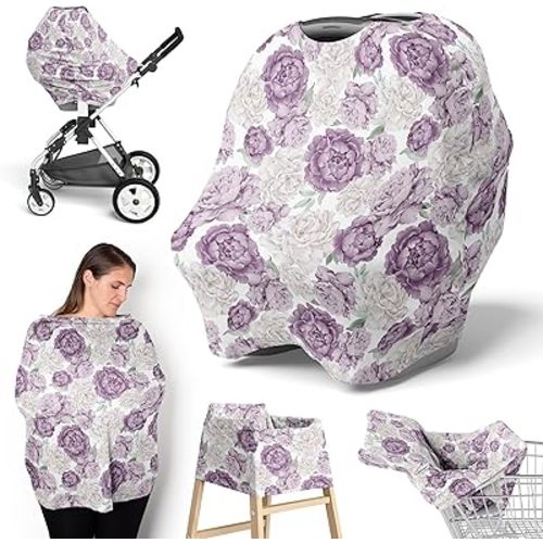 Sweet Jojo Designs Lavender Purple Boho Shabby Chic Floral Girl Infant Baby Car Seat Cover Nursing Breastfeeding High Chair Shopping Cart Stroller Carrier Multipurpose Use Ivory Bohemian Watercolor