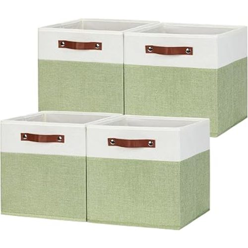 DULLEMELO Fabric Storage Cubes, 12x12 Storage Cube Bins for Organizing, Foldable Storage Baskets Square Cloth Bins for Cube Storage, Cube Organizer Bins for Storage,White&Green