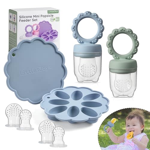 Baby Fruit Food Feeder & Mini Popsicle Ice Tray Set, BPA Free Silicone Baby Feeder for Safe Solid Food Feeding, Breastmilk Popsicle Molds for Cooling Relief, 4 Month+ (Spring)