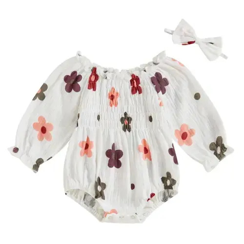 FLOWERS Smocked Romper with Headband - Hazel & Bo- 3-6 mos