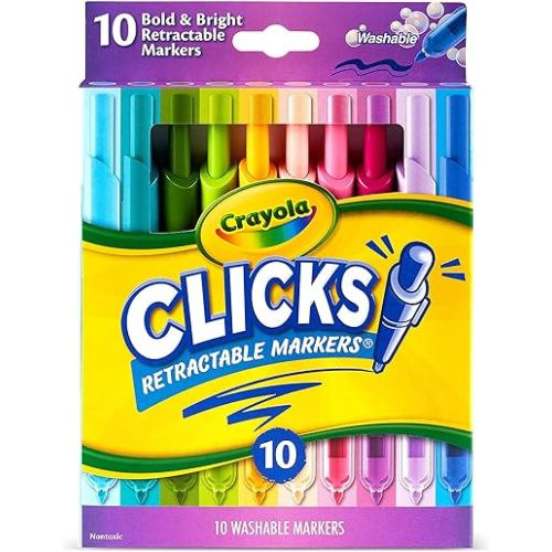 Crayola Clicks Retractable Markers (10ct), No Dry Washable Markers for Kids, Bold Colors, Click Markers for School, Easter Basket Stuffers & Gifts for Kids