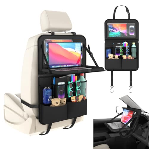 Car Backseat Organizer with Detachable Steering Wheel Tray, 11-Pockets Storage & Tablet Holder, Kids Kick Mats Protector - Travel Accessories (1-Pack)