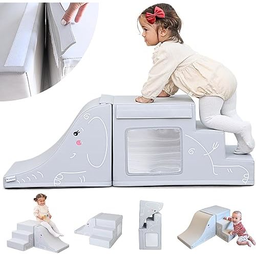 LORAIA* Non-Toxic Foam Climbing Blocks for Toddlers 1-3 - Large Vegan Leather Baby Climbing Blocks - High-end Soft Play Set w/TOP Fasteners & Baby Slide - Climbing Toys for Toddlers 1-3 Inside