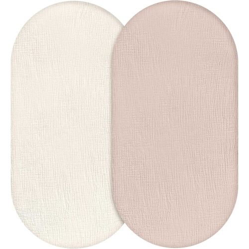 Muslin Bassinet Fitted Sheets 2 Pack, Soft Breathable Cotton Baby Bassinet Mattress Sheet Set, 360° Elastic Snug Fit, Universal for Oval, Rectangle & Hourglass Cradle, Baby Bedding (Gentle Colors)