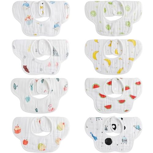 8-Pack 360° Rotate Organic Cotton Baby Bibs, Newborn Muslin Bibs For Teething And Drooling,Unisex Baby Bibs For Toddler, Adjustable With Snaps, Super Soft & Absorbent Baby Bibs For Boys And Girls.
