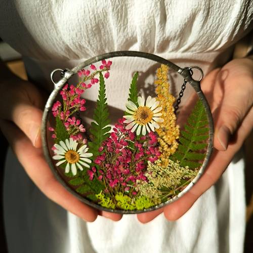 Stained glass frame, suncatcher, botanical dried pressed flower frame, hanging wall art, pressed flower art, pressed flower frame