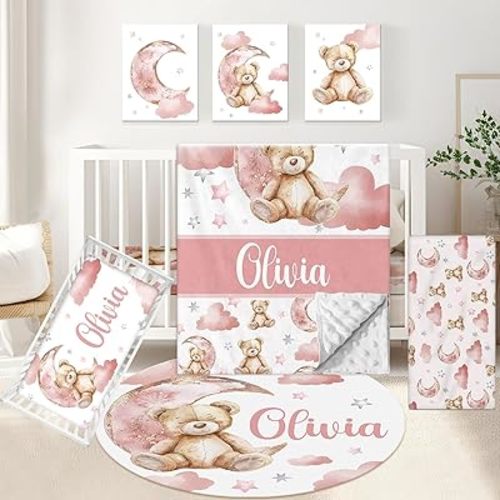 Custom Baby Crib Bedding Set, 5 Pcs Personalized Name Pink Bear Theme Baby Crib Set for Infants Toddlers, Nursery Bedding Set for Baby Girls, Double Layer Baby Bedding Set Customized Gifts