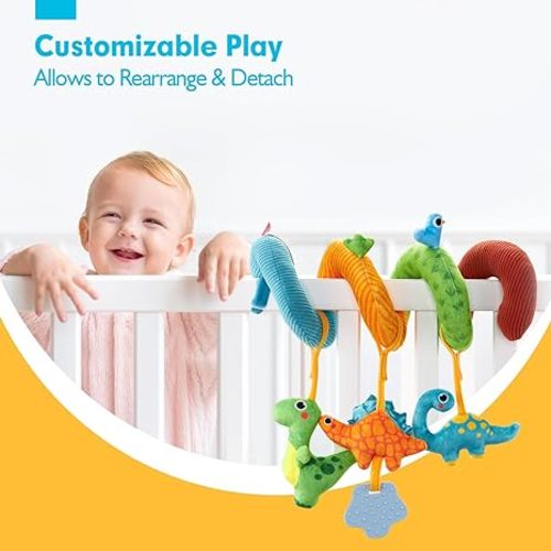 hahaland Car Seat Toys for Babies 0-6 Months Boy - Baby Toys 0-6 Months - Rattle, Mirror, Crinkle, Squeaky, Developmental Carseat Stroller Travel Toys for Infants - B - Dinosuars