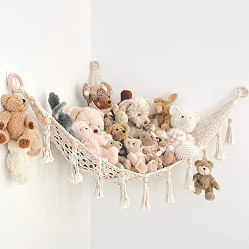 Sasa Macrame Toy Hammock - Hanging Stuffed Animal Storage - Corner Net For Stuffed Animals for Wall - Plush Doll Display and Toy Organizer - Boho Nursery Decor and Playroom Storage (Medium)