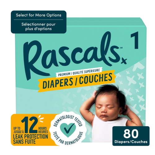 Rascals Premium Diapers, Size 1, Small Carton, 80 Count, Preemie to Size 7 - Walmart.ca