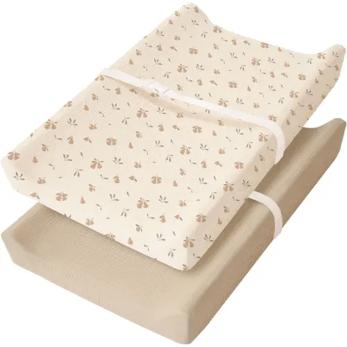 Konssy 2 Pack Muslin Changing Pad Cover for Baby Girls Boys 100% Cotton Fitted Diaper Changing Table Cover Set, Soft Changing Pad Sheets (Summer Wheat,Pear)