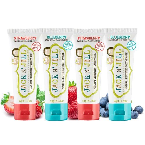 Jack N' Jill Natural Toothpaste for Baby and Infants - Fluoride Free Training Toothpaste, 40% Xylitol, BPA Free - Strawberry & Blueberry, 1.76 oz (Pack of 4)