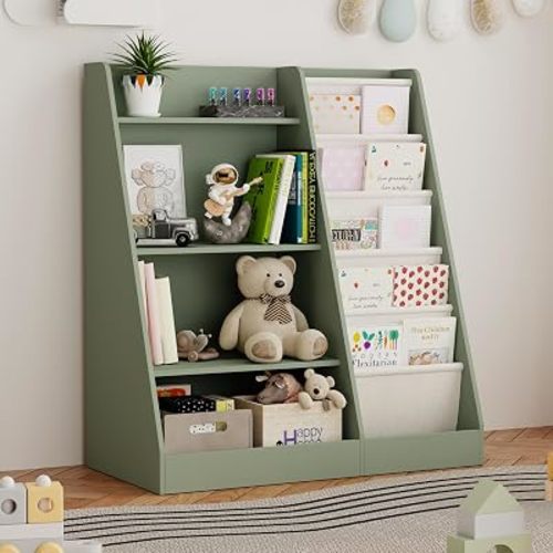 2-IN-1 Kids Bookshelf and Toy Storage Organizer, 4-Tier Solid Wood Cabinet with Sling Book Storage for Toddler and Baby, Montessori Book Shelf for kids Room, Nursey, Playroom and Classroom, Green