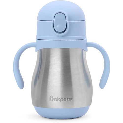 Stainless Steel Straw Sippy Cup for Toddlers 1-3 Years Old, Insulated Toddler Water Bottle Baby Training Tumbler with Handles, 8oz Kids Straw Cups for Travel, Daycare & At Home, Blue