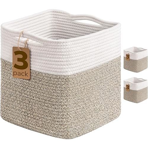 INDRESSME 11x11 Cube Storage Bins, 3-Pack Rope Woven Baskets for Organizing Storage Baskets for Shelves Gift Organization Empty Square Toy Bins for Classroom, Nursery Closet, White & Brown