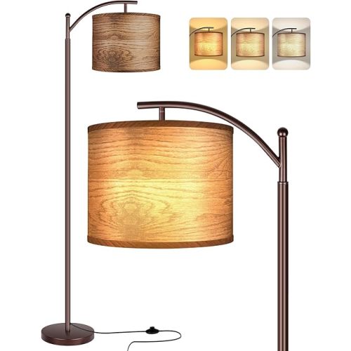 ROTTOGOON Floor Lamp for Living Room with 3 Color Temperatures LED Bulb, Standing Lamp Tall Industrial Floor Lamp for Bedroom, (9W LED Bulb, Wood Grain Pattern Lampshade Included) -Oil-Rubbed Bronze
