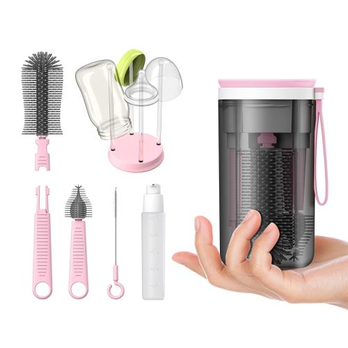 Travel Bottle Brush with Portable Bottle Drying Rack, Travel Essentials for Baby, Pink