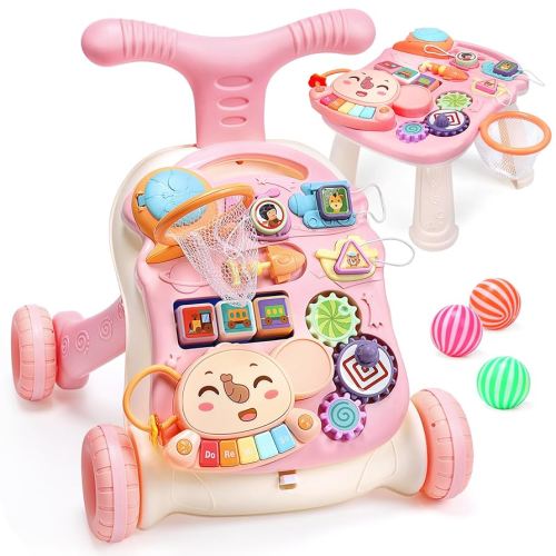 CUTE STONE 2-in-1 Baby Walker for Girls, Sit-to-Stand Learning Walker, Early Educational Push Walking Toys with Detachable Activity Center for Infants & Toddlers 12+ Months