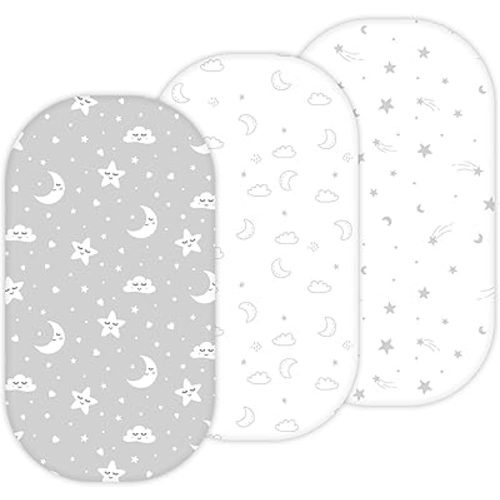 Bassinet Sheets for Delta Children Sweet Dreams, Slumber, Rocking, Curve, and Deluxe Beginnings Bedside Bassinet, 3 Pack, 16 x 32, Ultra Soft, Breathable, Unisex Boys Girls, Gray (Moon, Stars, Clouds)