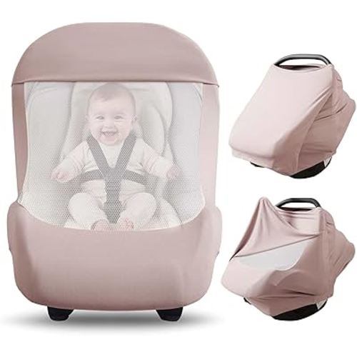 Konssy Baby Car Seat Cover with Breathable Mesh Window, Stretchy Windproof and Sunshade Canopy for Infant Car Seats, Boys and Girls
