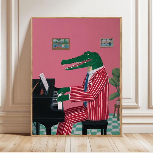 Pop Art Canvas, Eclectic Wall Art Print, Whimsical Crocodile Piano Artwork