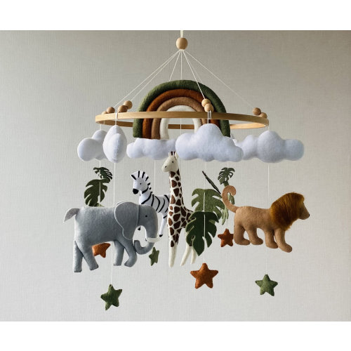 Safari nursery mobile with Rainbow , realistic felt animals lion, giraffe, zebra, elephant, Crib mobile, ceiling mobile, newborn gift.