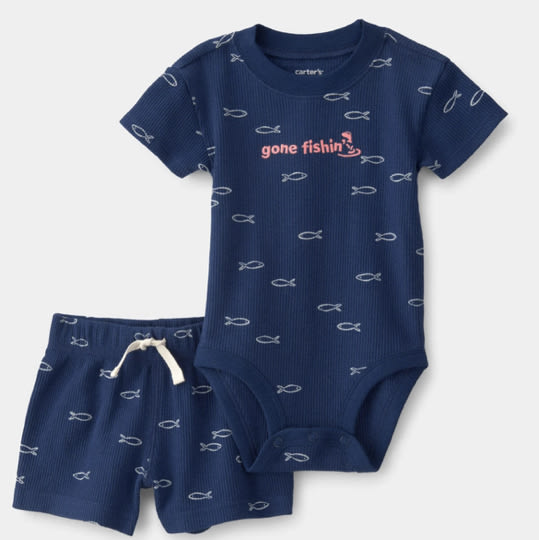 Baby Boy 2-Piece Fishing Waffle-Knit Bodysuit & Short Set - Blue | Carter's