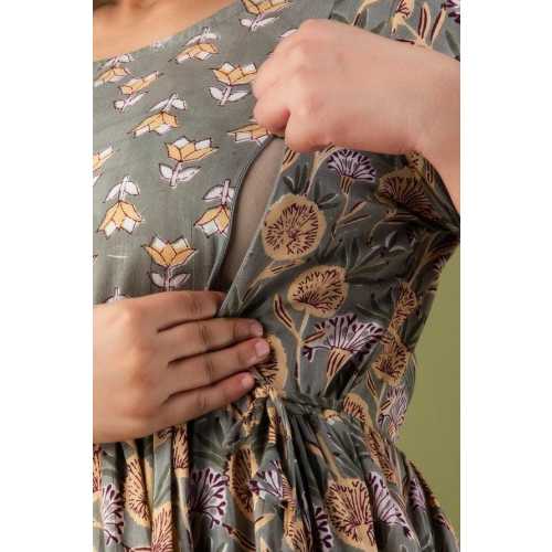 Handmade Grey Color Cotton Nursing Maternity Feeding Gown, Designer Anarkali Kurti With Zipper