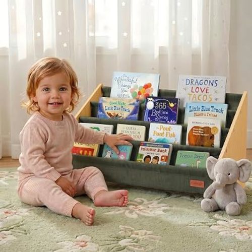 PERFNIQUE Montessori Kids Bookshelf, Wooden Front-Facing Baby Bookcase Organizer for Toddlers, 4-Tier Sling Decorative Book Rack with Deep Pockets for Kid Rooms, Nursery, Playroom & Reading Corner