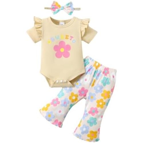 SUNNY PIGGY Baby Girl Clothes Ruffle Short Sleeve Romper Long Pants Set with Headband Newborn Infant Outfits