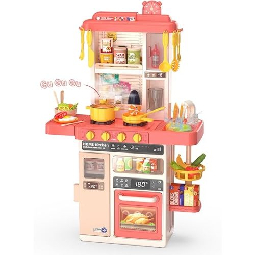 Kids Kitchen Play Set,Interactive Kids Kitchen Play Set with 50Pcs of Pretend Kitchen Toys,Realistic Sound Effects,and Simulated Functionality - Suitable for Toddlers Aged 3-5 Years(Pink)