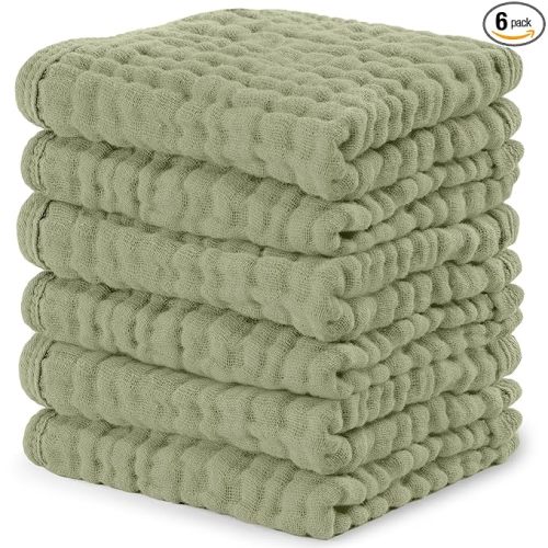 Comfy Cubs Muslin Baby Washcloths 6 Pack - Soft 6-Layer Cotton Wash Cloths for Sensitive Skin - 10"x10" Large, Gentle, Absorbent Infant Essentials for Newborn and Toddlers - Sage