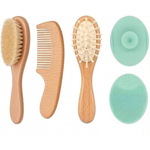 Baby Hair Brush Set with Silicone Pad for Newborns - Soft Goat Bristle & Wooden Comb, Cradle Cap Prevention, Gentle Scalp Care for Infant Essentials (Baby Hair Brush Set)