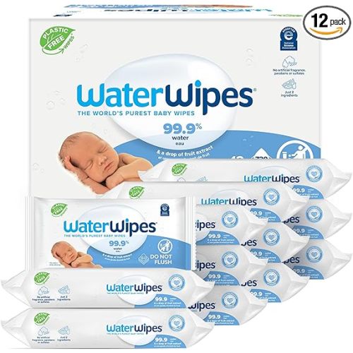 WaterWipes Plastic-Free Original Baby Wipes, 99.9% Water Based Wipes, Unscented & Hypoallergenic for Sensitive Skin, 60 Count (Pack of 12), Packaging May Vary