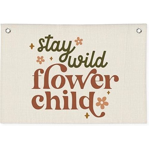 Nursery Decor, Baby Girls Room Banner, Stay Wild Flower Child Linen Canvas Banner Wall Hanging Flag, Retro Toddler Kids Room Decor 20x30