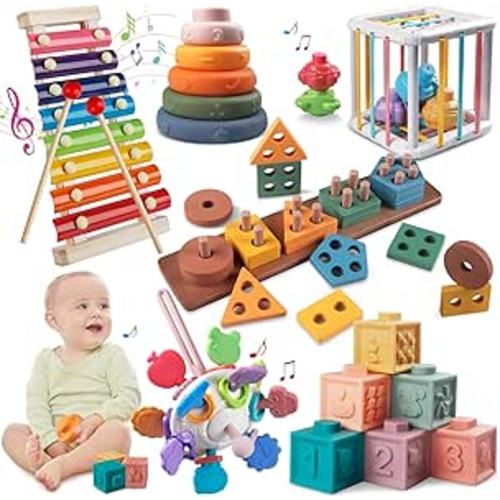 Amazon.com: Montessori Baby Toys for 1+ Year Old - Sorting Stacking Learning Toys 6 to 12 Months, Wooden Building Blocks, Xylophone Musical, Infant Teethers Toys for Babies, 6 in 1 Toy Gifts for Toddlers : Toys & Games