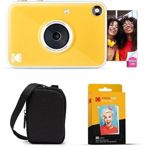 Kodak Printomatic+ Instant Print Digital Camera Starter Bundle + Carrying Case + Zink 20pk Sticky-Back Photo Paper - 10MP, Full-Color Photos, GB LED Status Indicator - Yellow