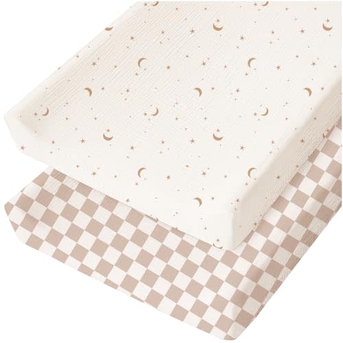 Konssy Muslin Changing Pad Cover for Baby Girls Boys, 100% Cotton Fitted Diaper Chang Table Covers, Soft Breathable Changing Pad Sheets, 2 Pack (Coffee Check,Moon)