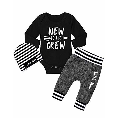 Fommy Newborn Baby Boy Clothes New to The Crew Letter Print Romper+ Pants+Hat 3PCS Outfit