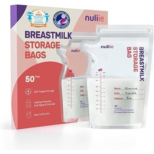 Nuliie 50 Pcs Breastmilk Storage Bags, 8 OZ Breast Milk Storing Bags, BPA-Free, Milk Storage Bags with Pour Spout for Breastfeeding, Self-Standing Bag, Space Saving Flat Profile