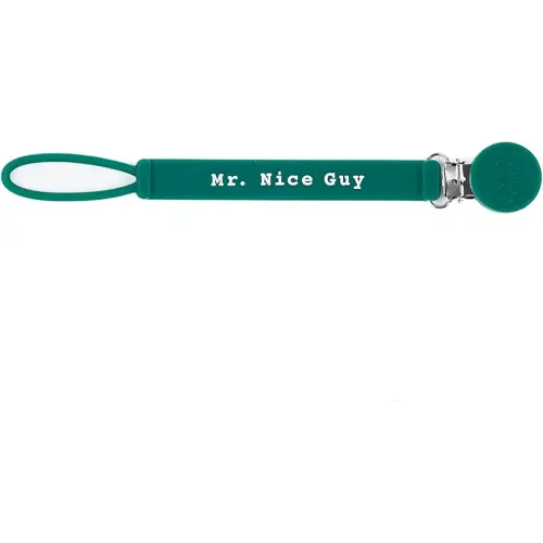 BELLA TUNNO Signature Pacifier Clip – Silicone Pacifier Holder with Universal Fit for Baby Pacifiers, BPA Free Silicone Strap with Fun Sayings (Mr Nice Guy)